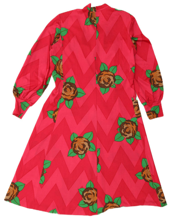 Vintage Womens Long Sleeve Front Tie A-Line Dress UK 12 Medium Pink Floral