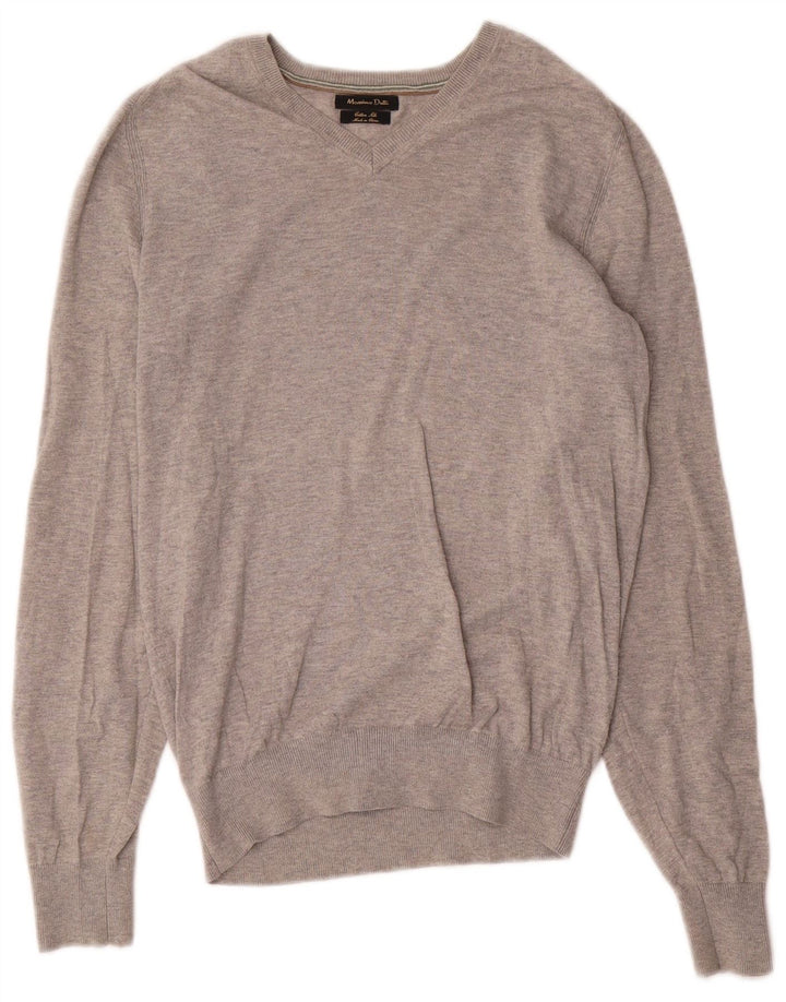 Massimo Dutti Mens V-Neck Jumper Sweater Small Grey Flecked Cotton