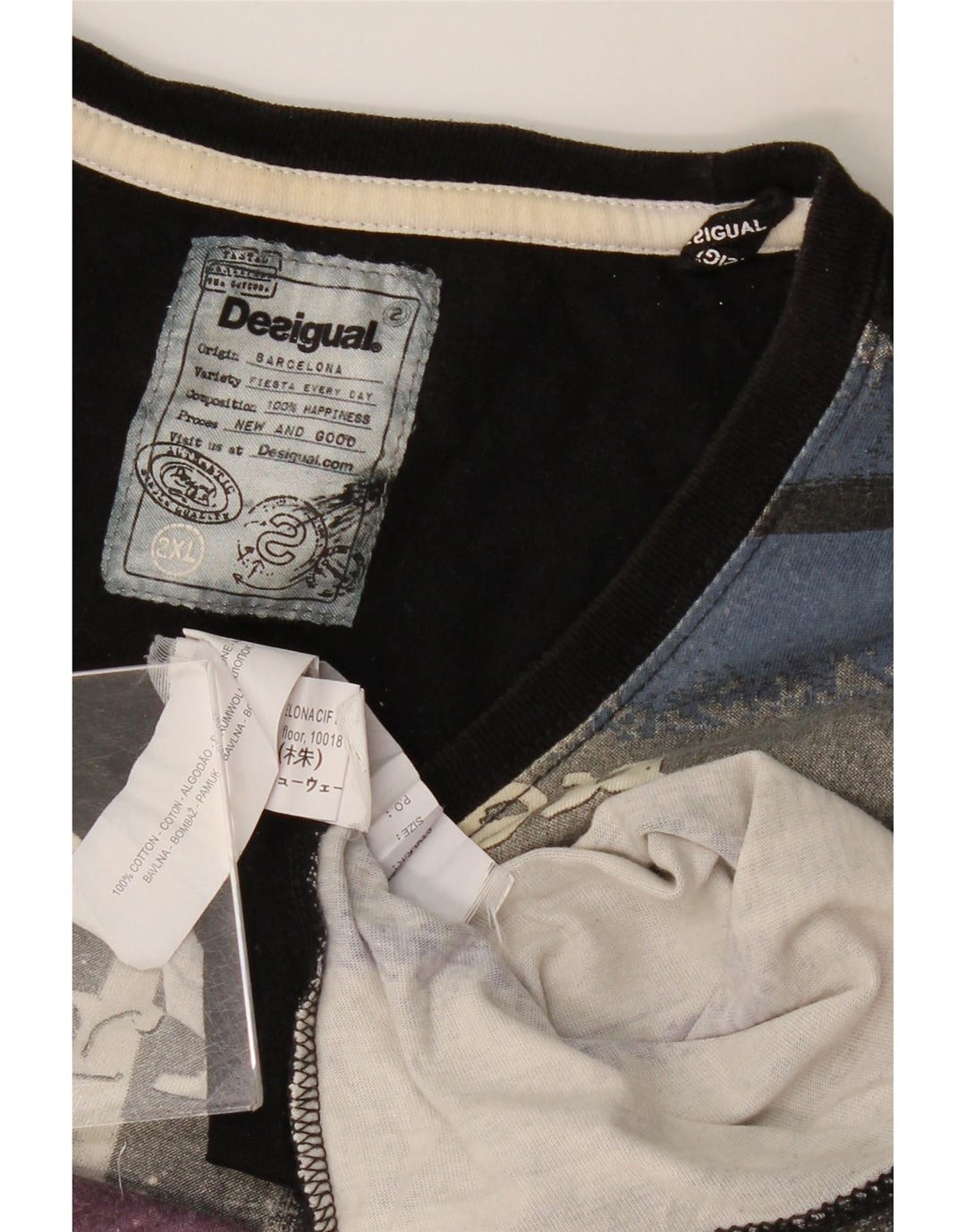 DESIGUAL Mens Graphic T-Shirt Top 2XL Grey Colourblock Cotton