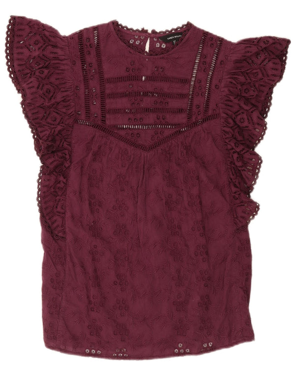 Karen Millen Womens Blouse Top UK 8 Small Burgundy Floral Cotton