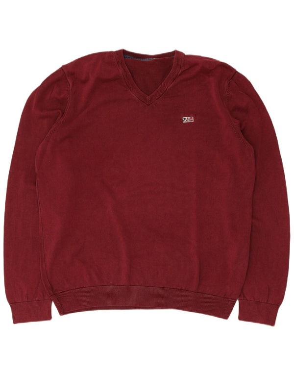 Napapijri Mens Geographic V-Neck Jumper Sweater XL Maroon Cotton