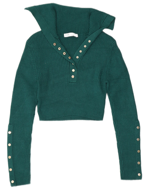 Zara Womens Crop Polo Neck Jumper Sweater UK 12 Medium Green Viscose