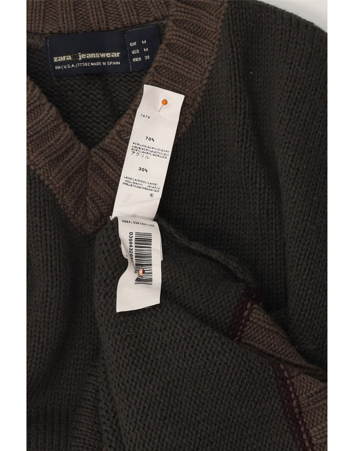 ZARA Mens V-Neck Jumper Sweater Medium Khaki Colourblock Acrylic