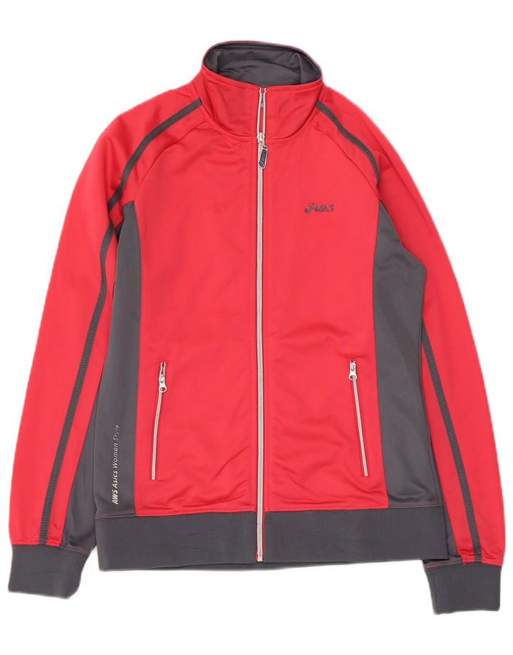 ASICS Womens Graphic Tracksuit Top Jacket UK 12 Medium Red Colourblock