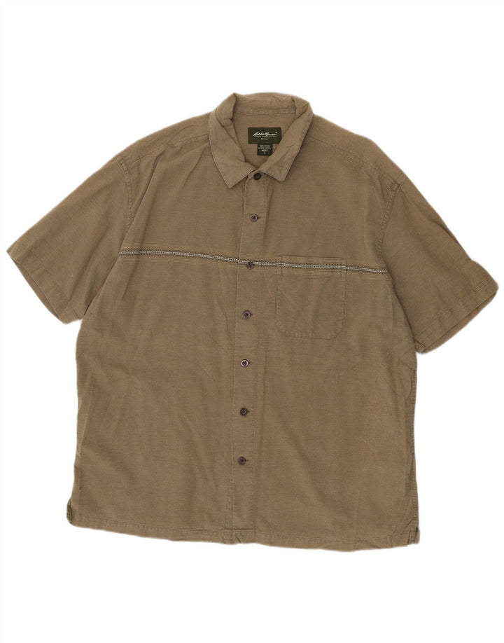 EDDIE BAUER Mens Short Sleeve Shirt Large Khaki Pinstripe Cotton