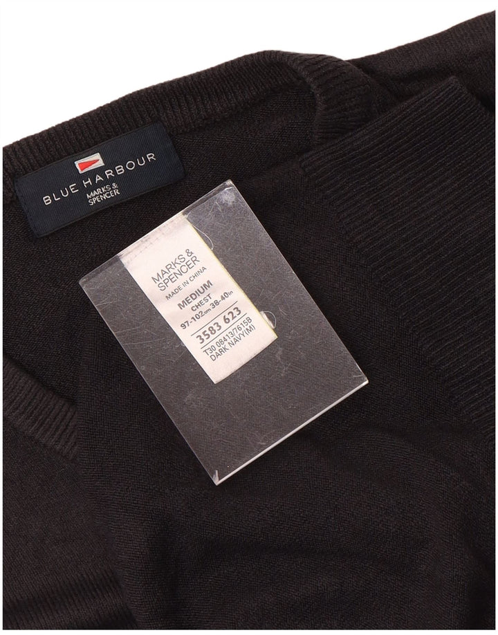 MARKS & SPENCER Mens Blue Harbour V-Neck Jumper Sweater Medium Black