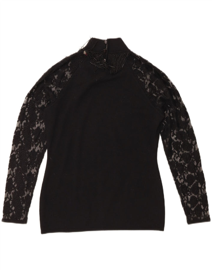 Roccobarocco Womens Top Long Sleeve UK 14 Medium Black Merino Wool