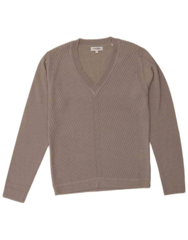 CALVIN KLEIN Womens Golf V-Neck Jumper Sweater UK 10 Small Beige Wool