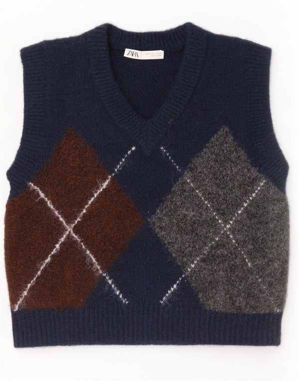 Zara Womens Crop Vest Tank Top UK 10 Small Navy Blue Argyle/Diamond