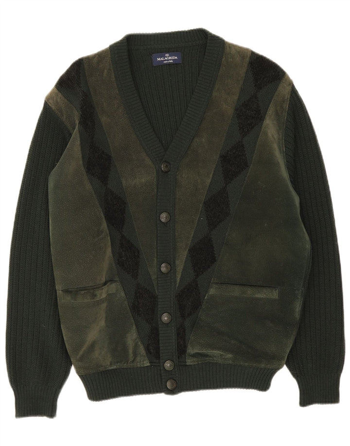 Malagrida Mens Cardigan Sweater Medium Green Argyle/Diamond Wool