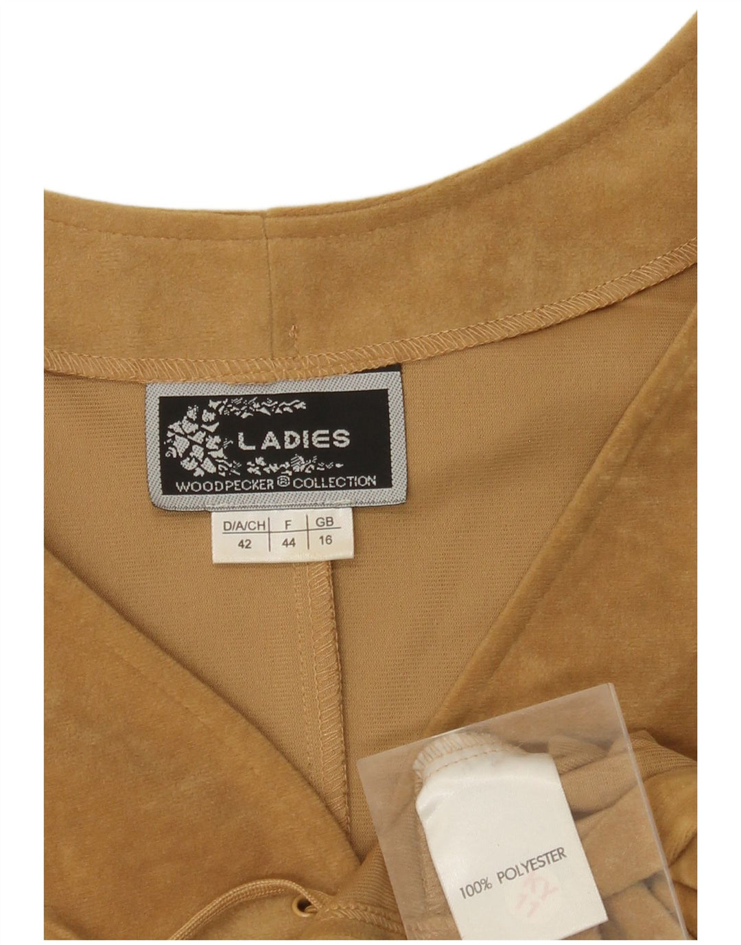 WOODPECKER Womens Velour Waistcoat UK 16 Large Beige Polyester