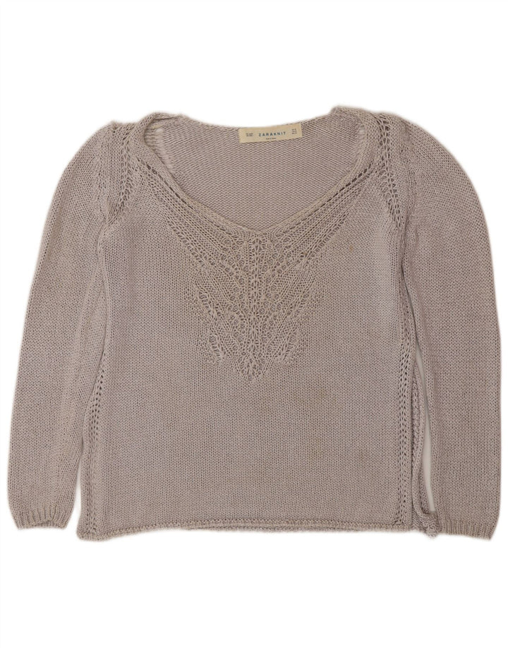 Zara Womens V-Neck Jumper Sweater UK 14 Medium Grey