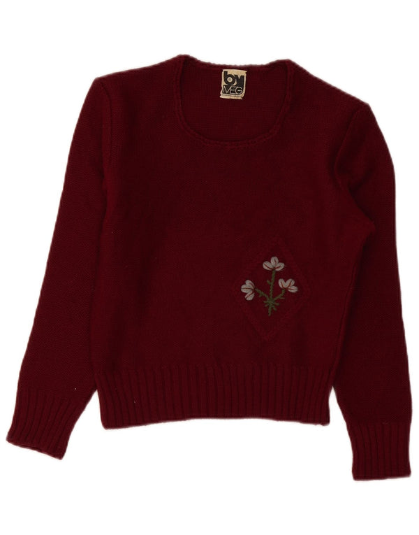 Vintage Womens Crop Boat Neck Jumper Sweater UK 10 Small Burgundy Floral