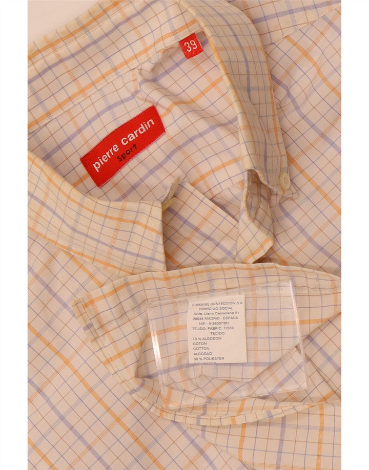 Pierre Cardin Mens Short Sleeve Shirt Size 39 Medium White Check Cotton