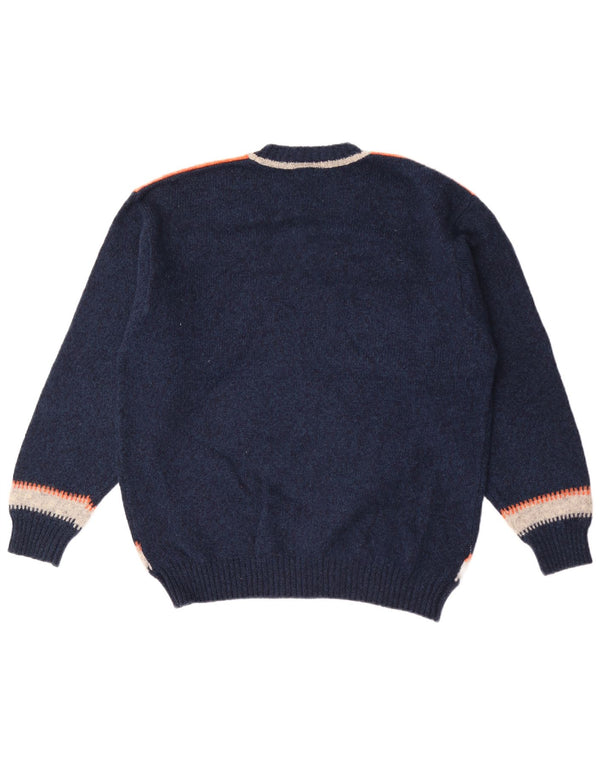 Vintage Mens Crew Neck Jumper Sweater Large Navy Blue Colourblock Wool