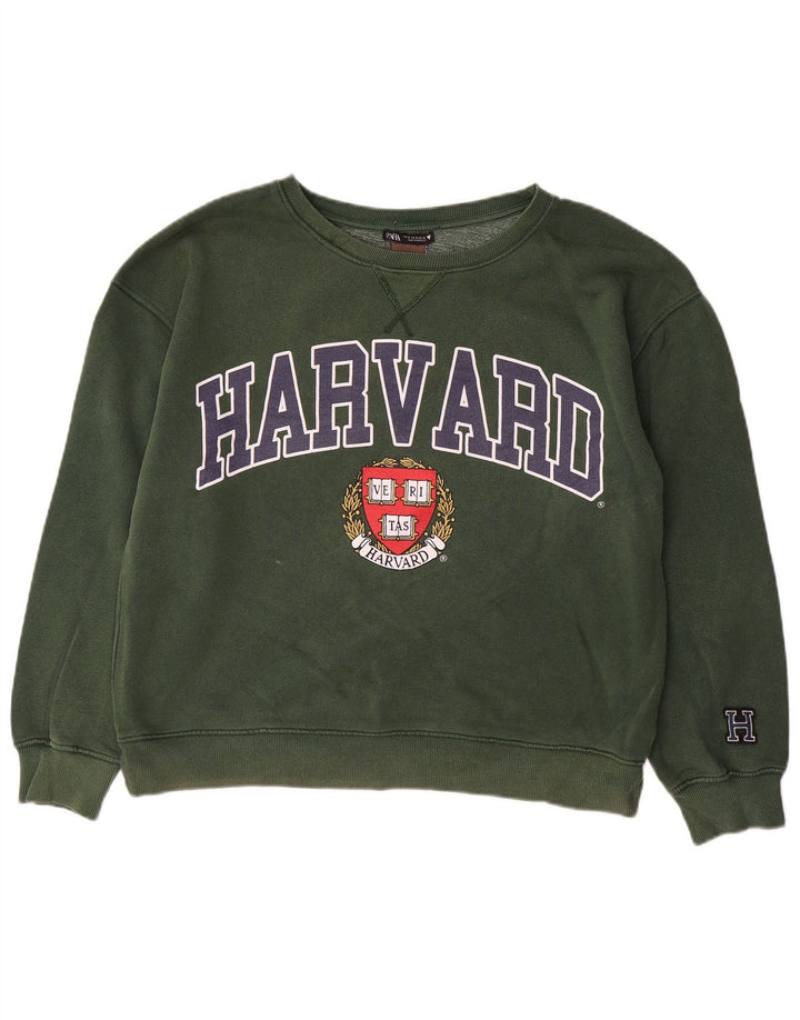 ZARA Womens Harvard Oversized Graphic Sweatshirt Jumper UK 14 Medium Green