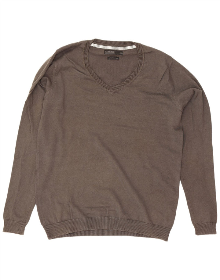 Zara Mens V-Neck Jumper Sweater Large Grey Cotton