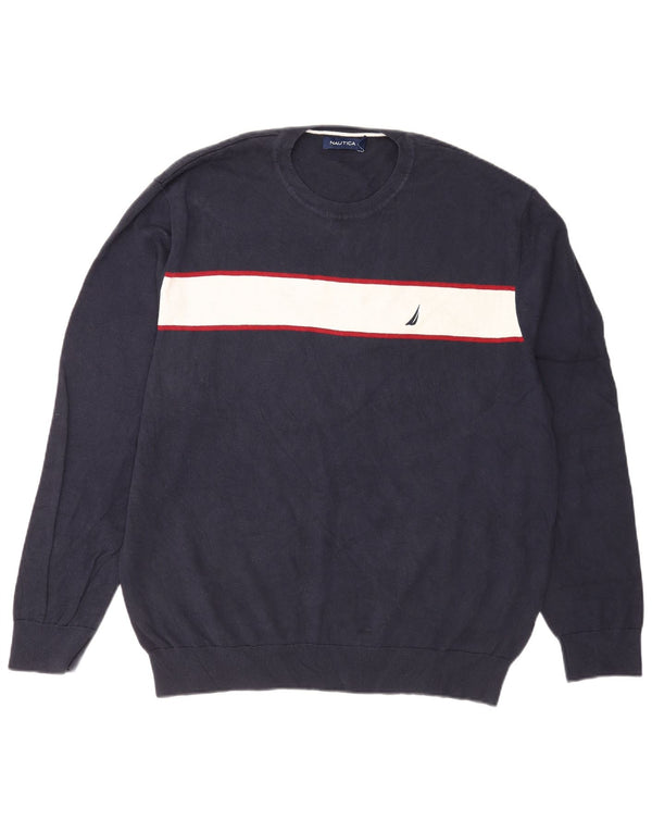 Nautica Mens Crew Neck Jumper Sweater 2XL Navy Blue Colourblock Cotton