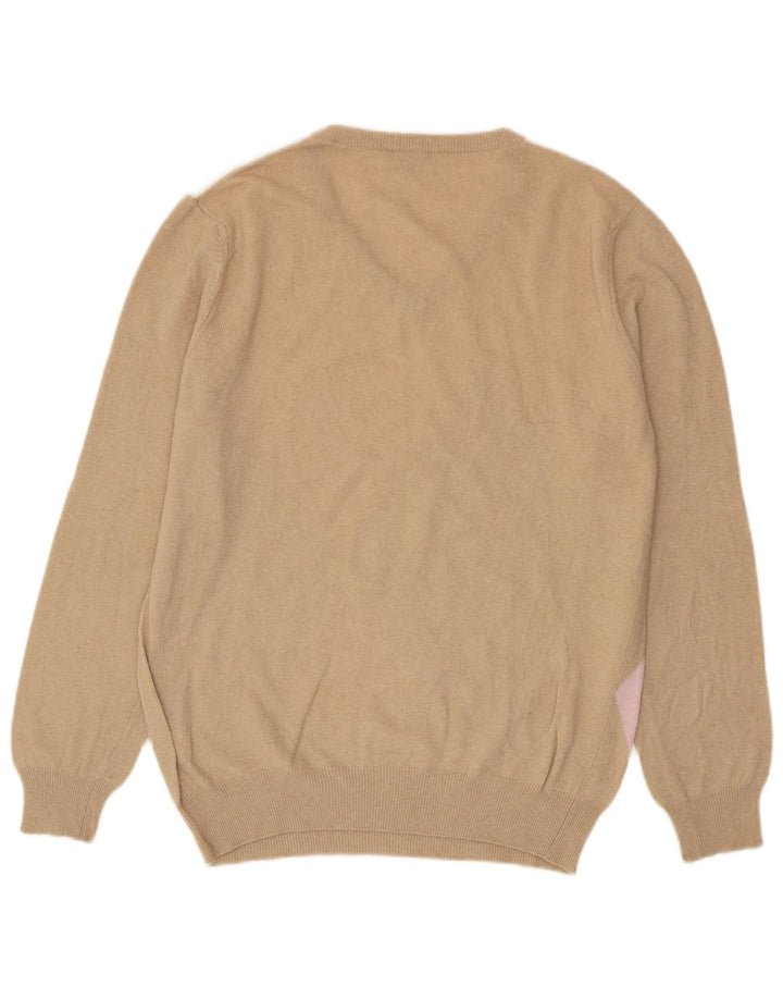 Castello Mens V-Neck Jumper Sweater Large Beige Argyle/Diamond Virgin Wool