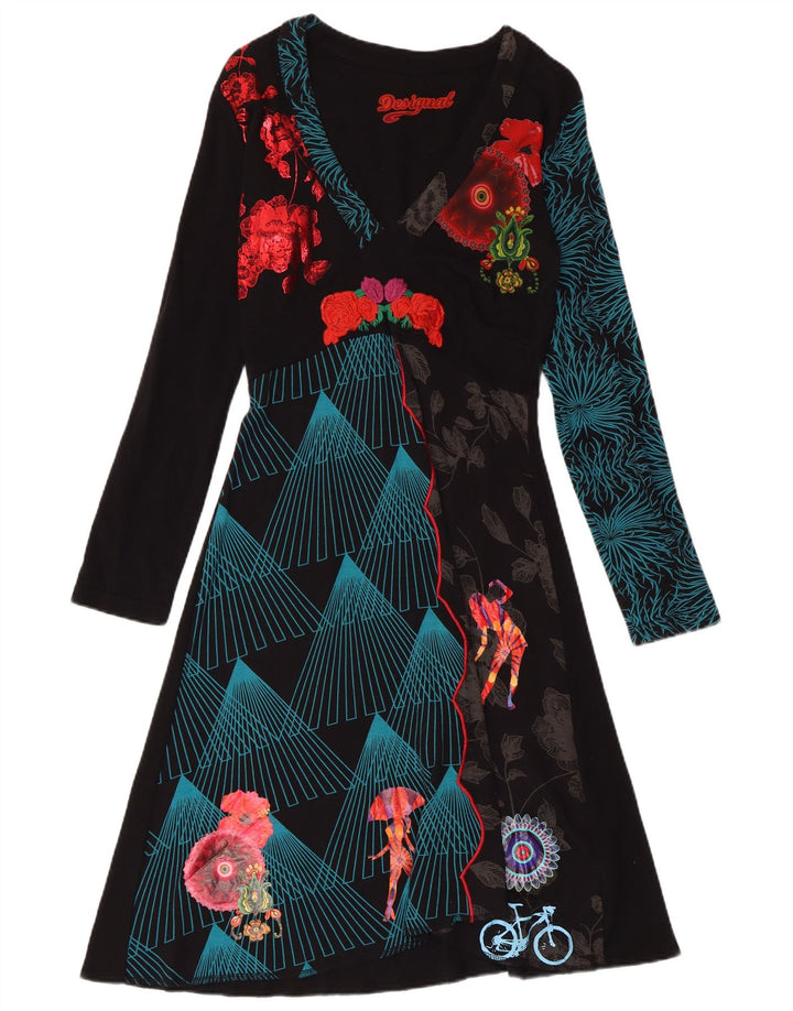 DESIGUAL Womens Graphic Long Sleeve A-Line Dress UK 18 XL Black Floral