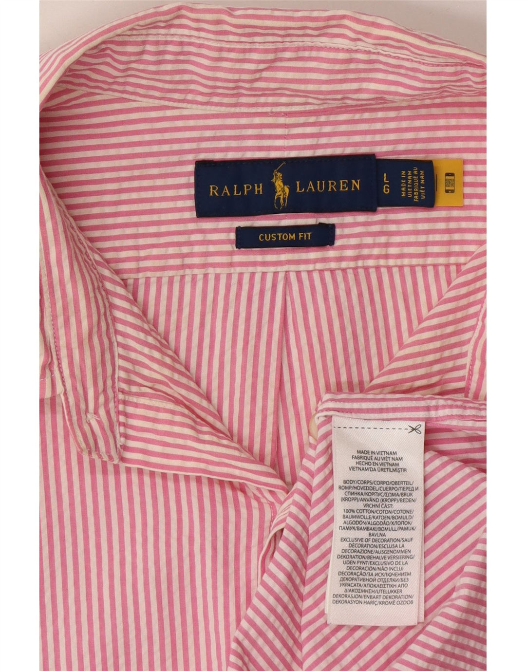 RALPH LAUREN Mens Custom Fit Short Sleeve Shirt Large Pink Striped Cotton