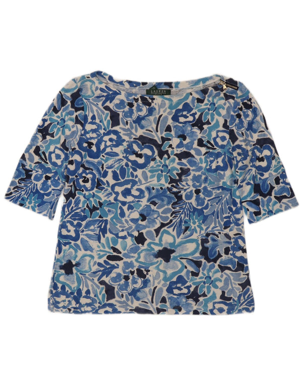 Ralph Lauren Womens Petite Top 3/4 Sleeve UK 14 Medium Blue Floral Cotton