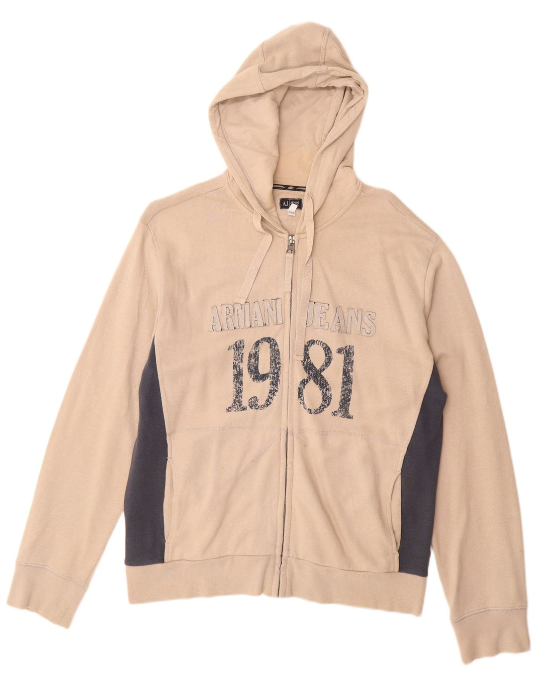 ARMANI JEANS Mens Graphic Zip Hoodie Sweater Medium Beige Colourblock