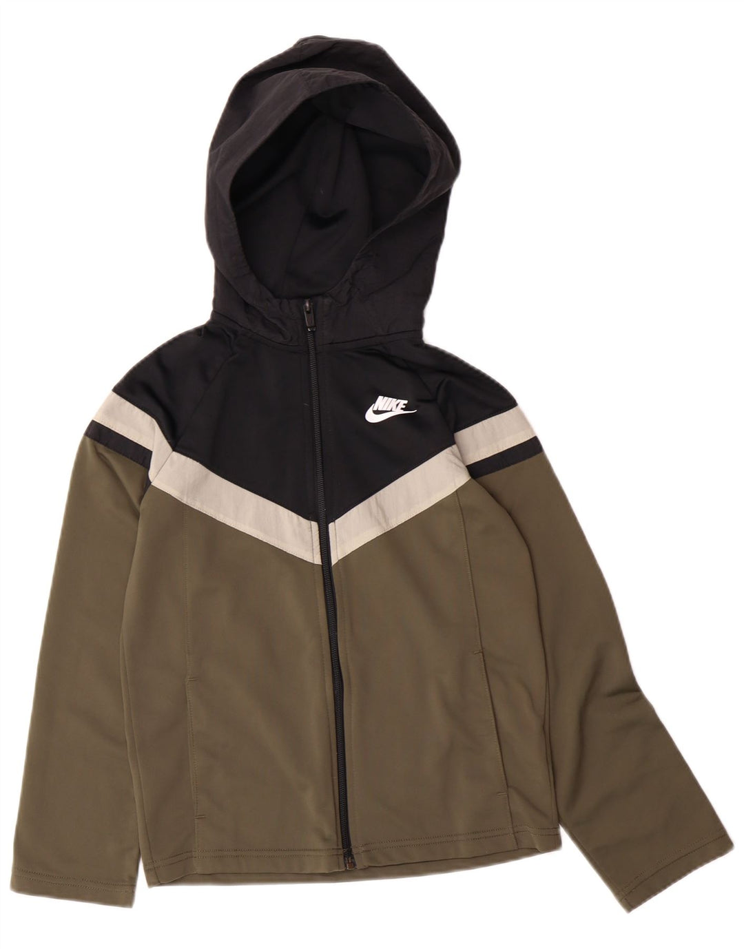 NIKE Girls Zip Hoodie Sweater 10-11 Years Medium Khaki Colourblock