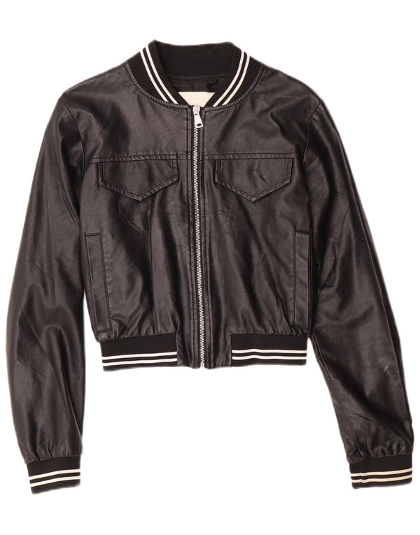 GAELLE Womens Graphic Crop Leather Jacket UK 6 XS Black