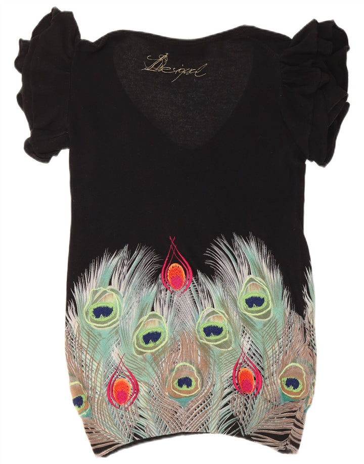 DESIGUAL Womens Abstract Pattern V-Neck Jumper Sweater UK 10 Small Black