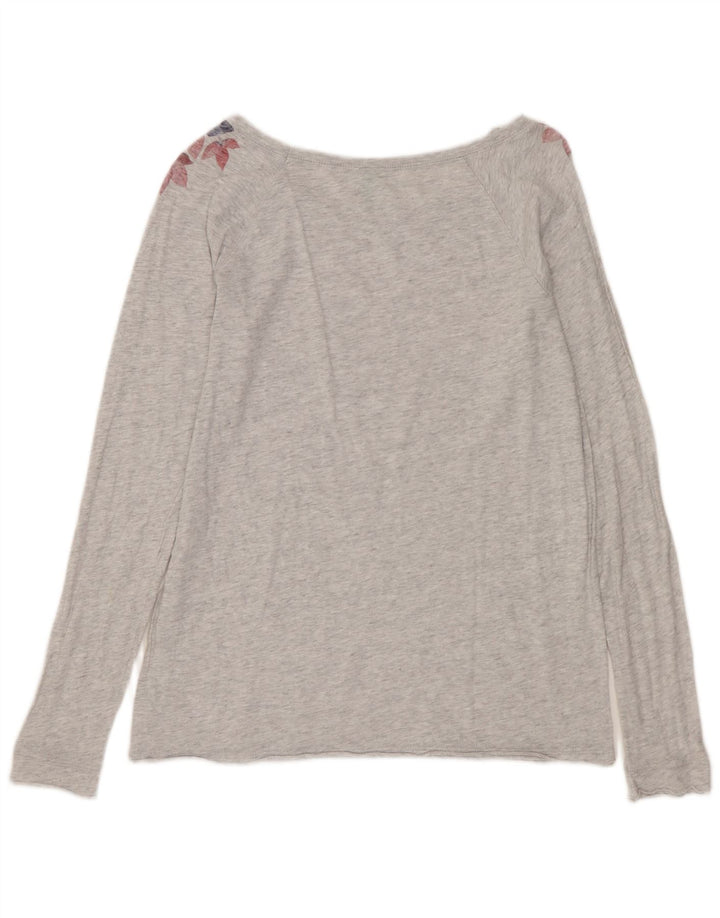 Benetton Womens Graphic Top Long Sleeve UK 12 Medium Grey Floral Cotton