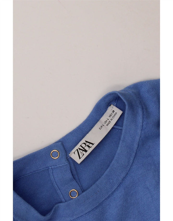 ZARA Womens Short Sleeve Crew Neck Jumper Sweater UK 14 Large Blue