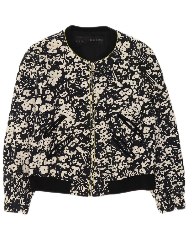 Zara Womens Full Zip Bomber Jacket UK 14 Medium Black Floral Cotton