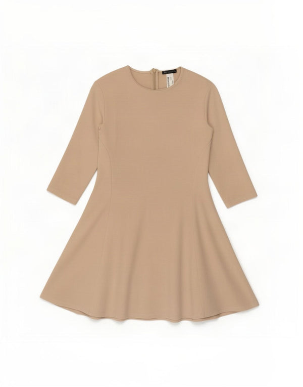 Zara Womens 3/4 Sleeve A-Line Dress UK 12 Medium Beige Cotton
