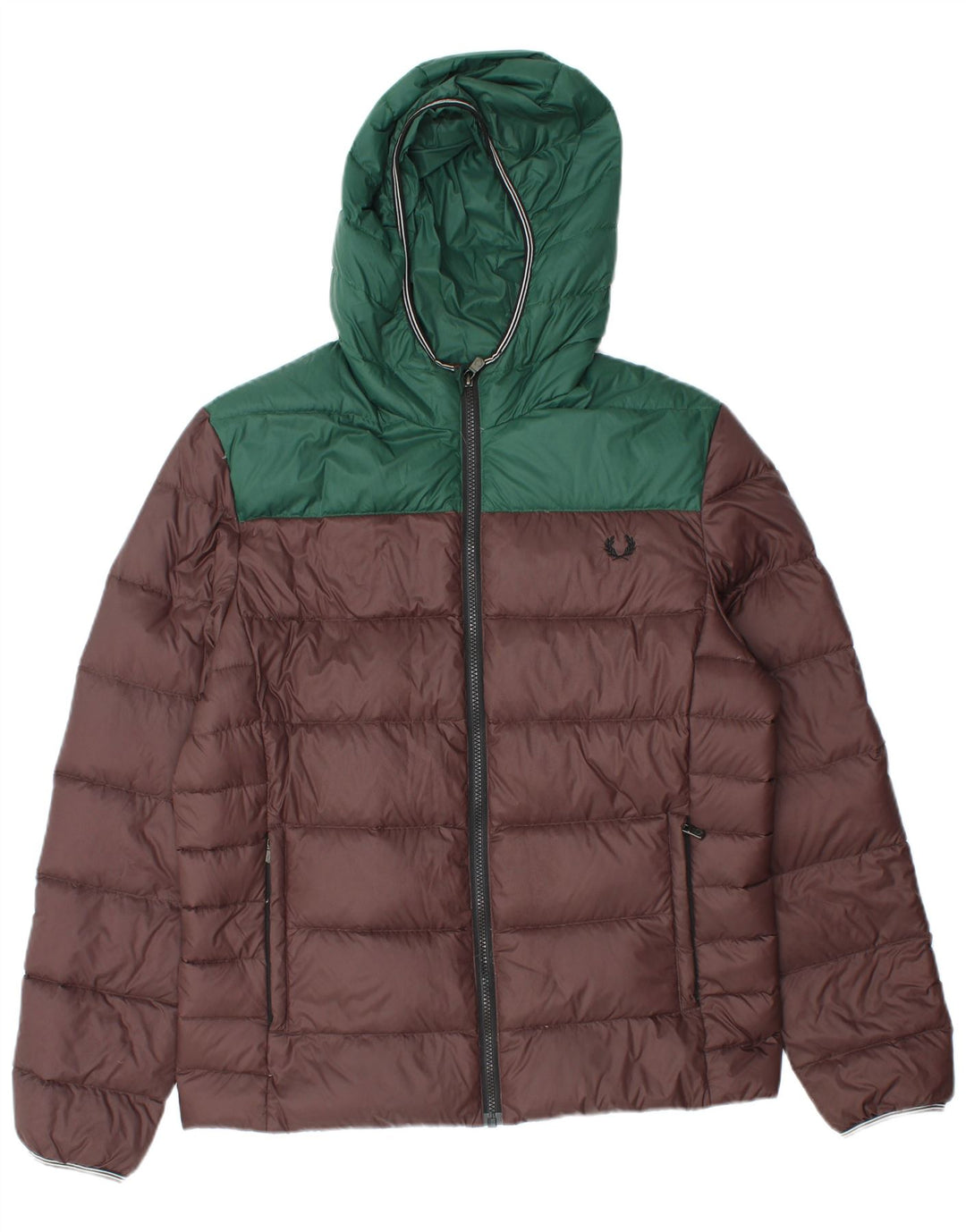 Fred Perry Mens Hooded Padded Jacket UK 38 Medium Brown Colourblock Nylon