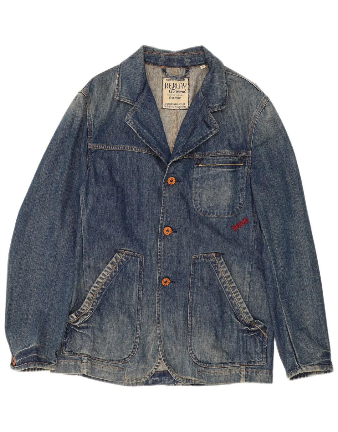 Replay Mens 3 Button Denim Blazer Jacket UK 38 Medium Blue Cotton