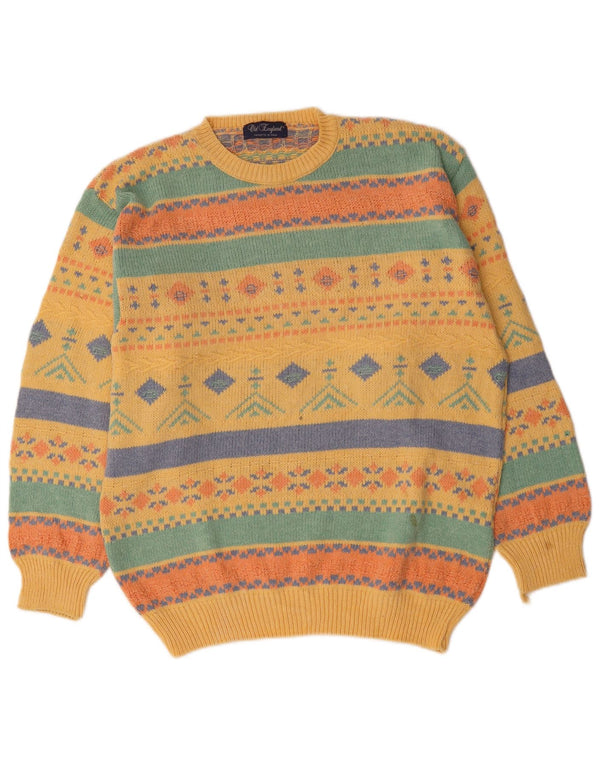 Old England Mens Crew Neck Jumper Sweater Large Yellow Fair Isle Wool