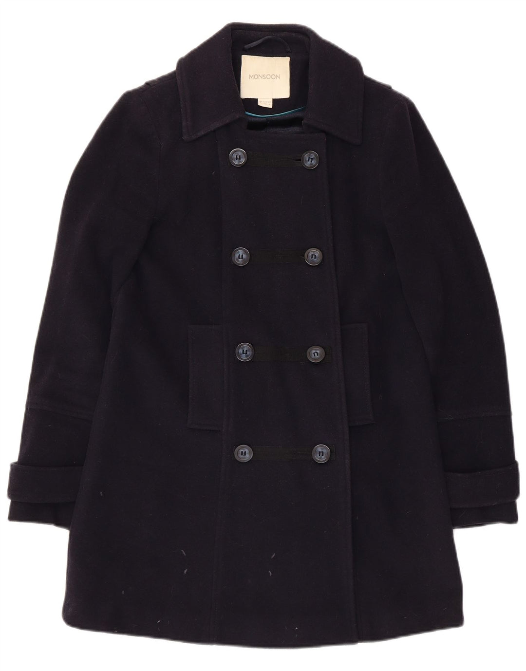 Monsoon Womens Double Breasted Coat UK 8 Small Navy Blue Wool