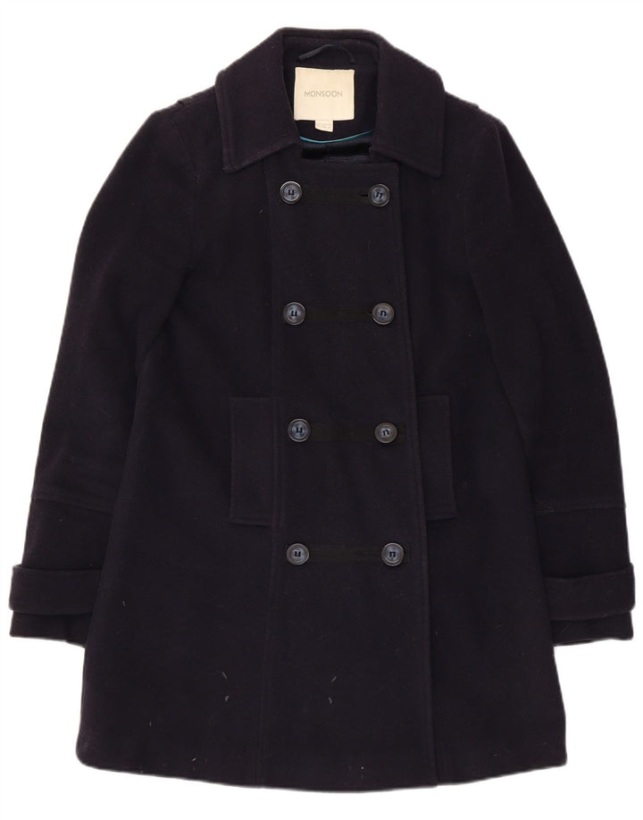Monsoon Womens Double Breasted Coat UK 8 Small Navy Blue Wool