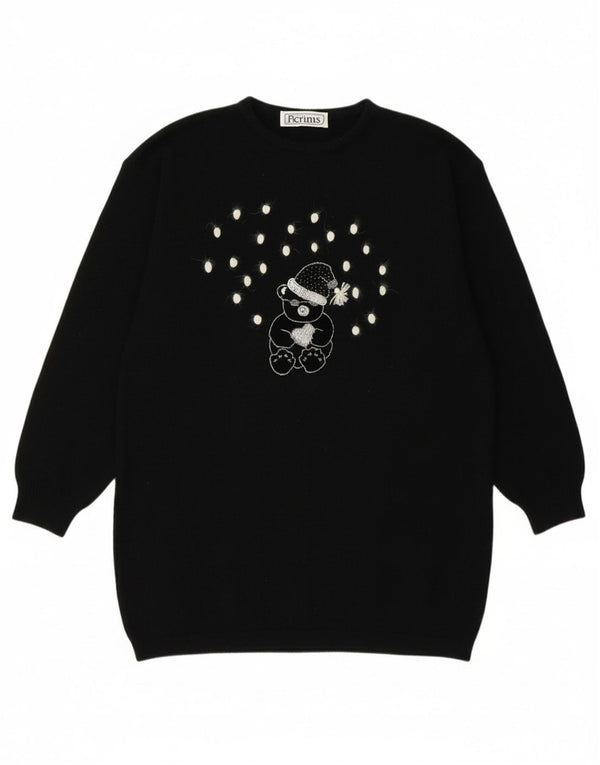 Vintage Womens Graphic Crew Neck Jumper Sweater UK 16 Large Black Wool