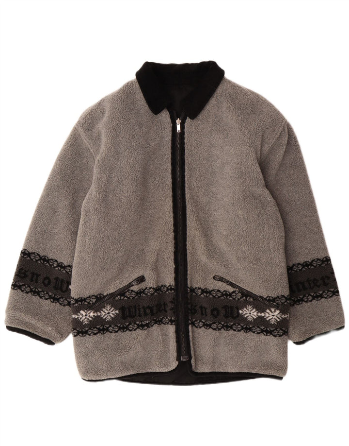 VINTAGE Mens Graphic Reversible Fleece Jacket UK 38 Medium Grey Fair Isle