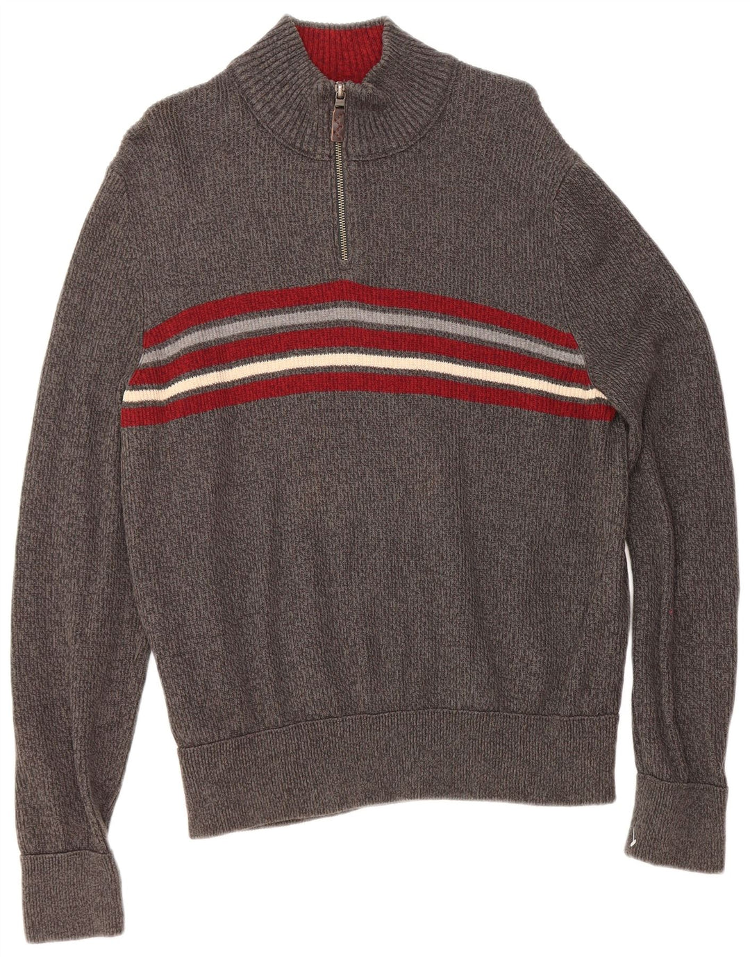 EDDIE BAUER Mens Zip Neck Jumper Sweater Large Grey Striped Cotton