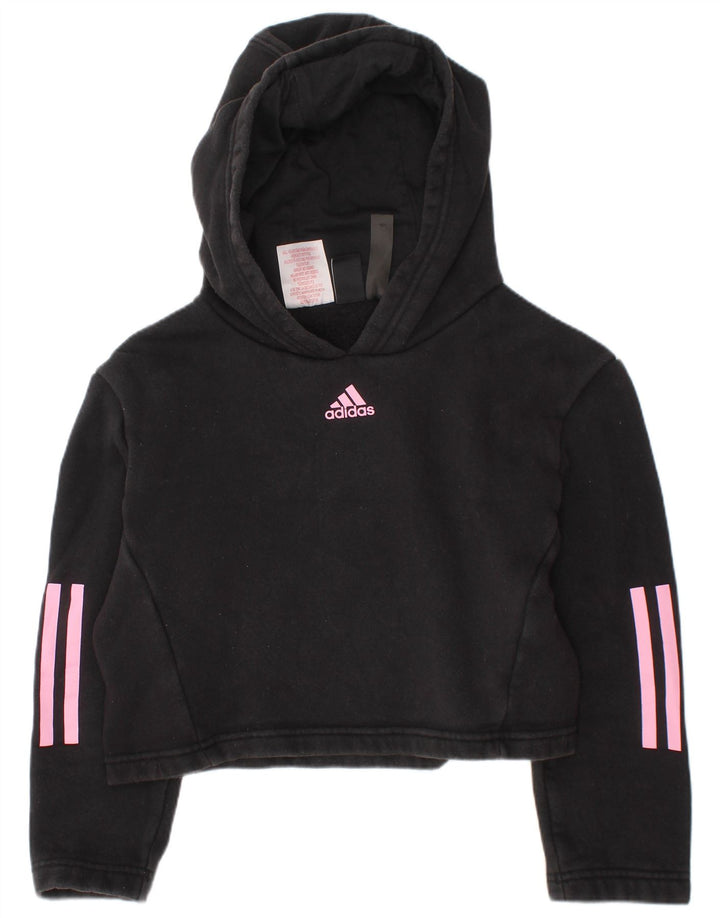 ADIDAS Girls Crop Hoodie Jumper 7-8 Years Black Cotton