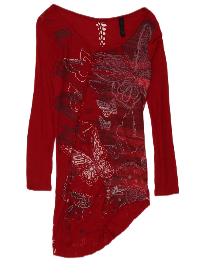 DESIGUAL Womens Long Sleeve Asymmetric Blouse Top UK 8 Small Red Butterfly