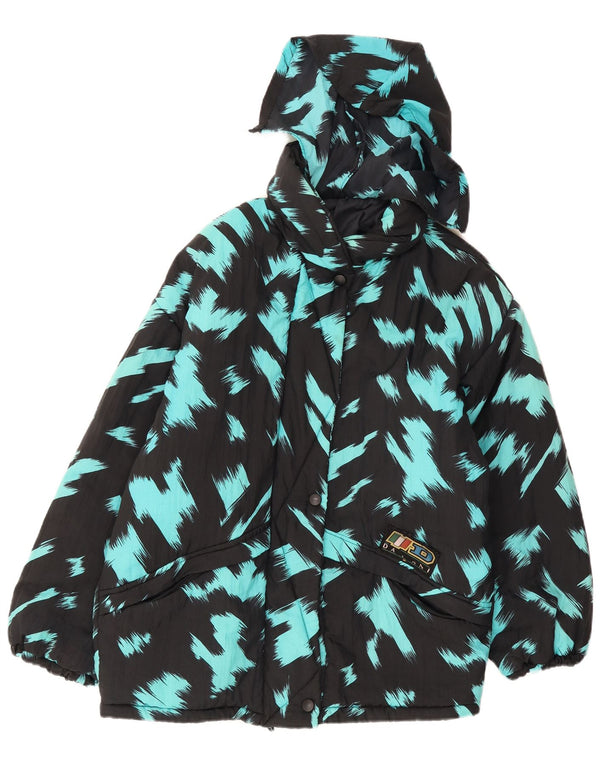 Vintage Womens Hooded Padded Jacket UK 16 Large Black Tie Dye
