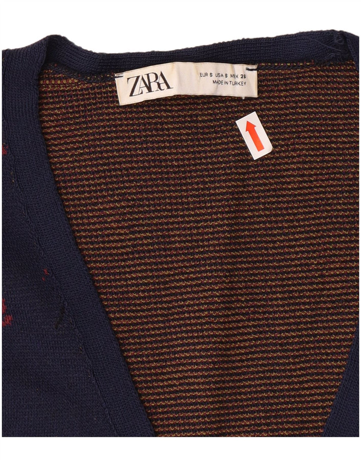ZARA Womens Crop Cardigan Sweater UK 10 Small Navy Blue Floral Polyamide