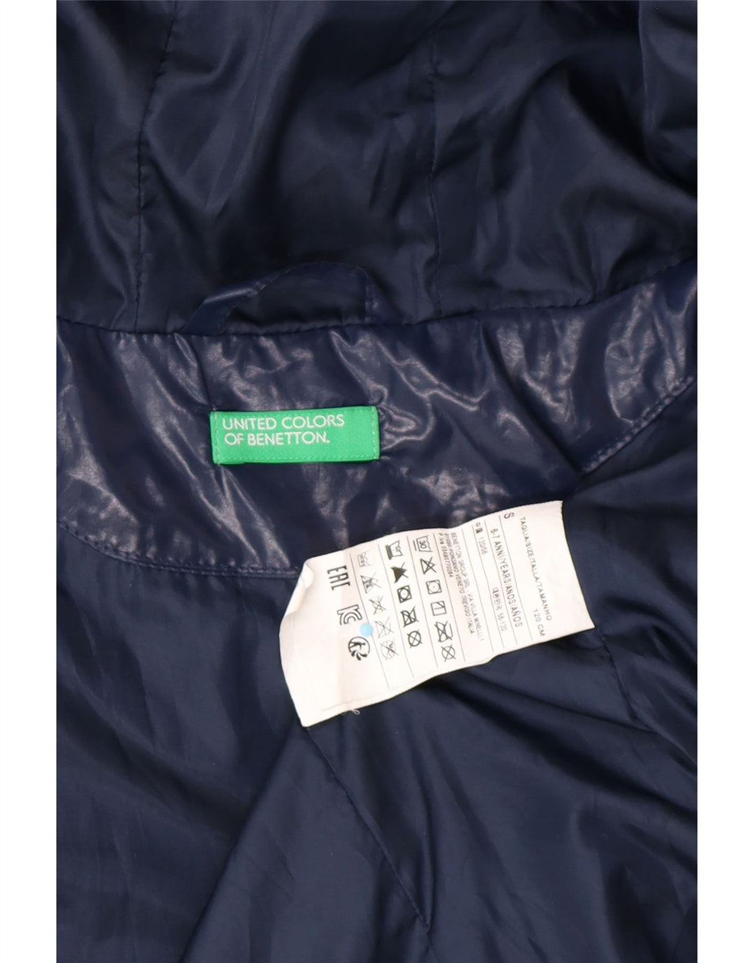 BENETTON Girls Hooded Padded Jacket 6-7 Years Small Navy Blue Polyester