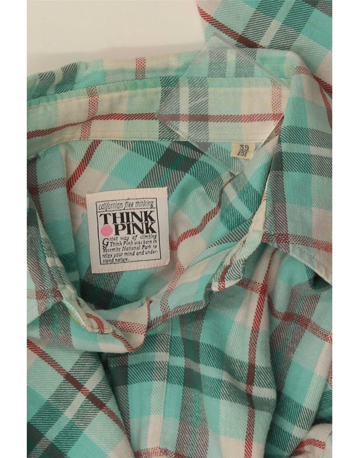 Think Pink Mens Flannel Shirt Size 39 15 1/2 Medium Turquoise Check