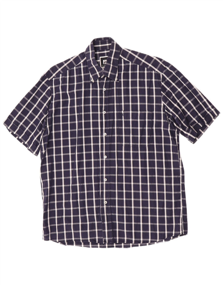 Roccobarocco Mens Short Sleeve Shirt Size 39 15 1/2 Medium Navy Blue Check
