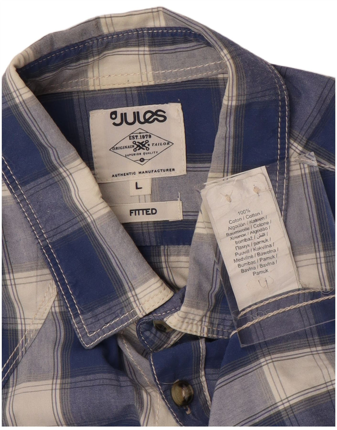 JULES Mens Fitted Shirt Large Blue Check Cotton